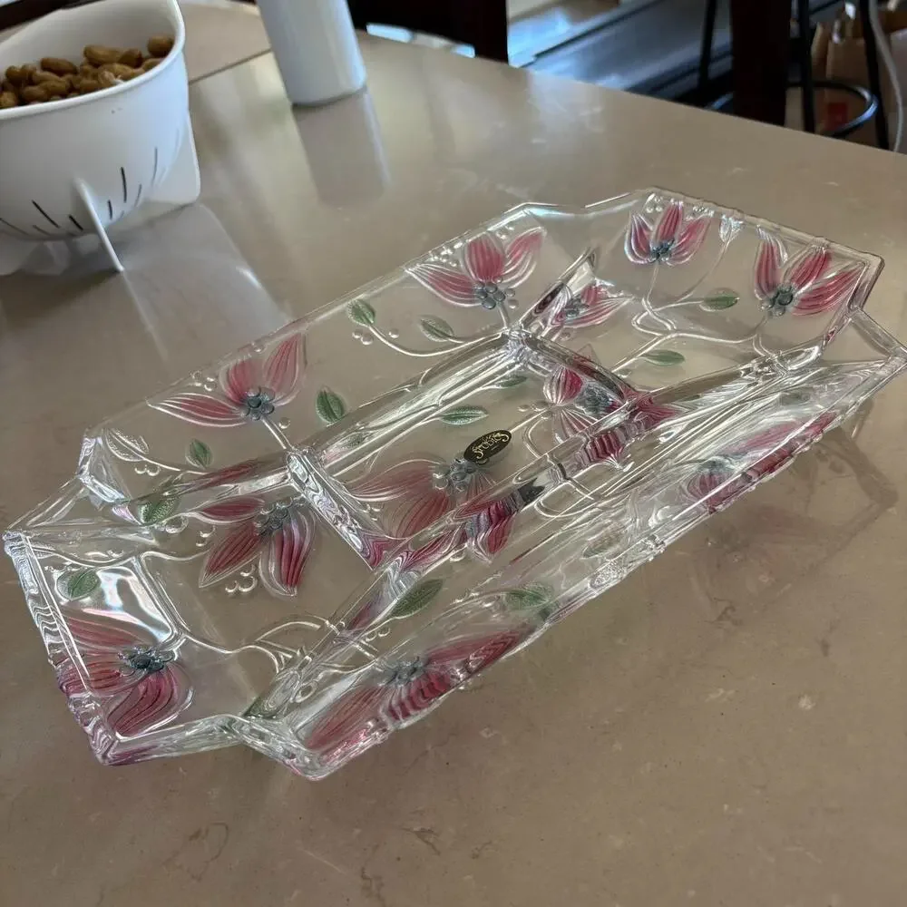 Vintage Crystal Clear Studios Japan Floral Divided Relish Tray Pink Flowers